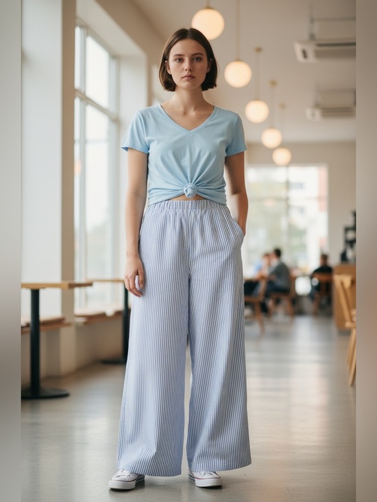 SHEIN Pants - SHEIN Light Blue Striped Wide-Leg Pants